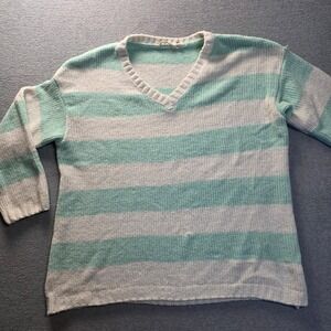 Soft Surroundings Knit Sweater Womens XL Mint Green White Stripe V-Neck Plush